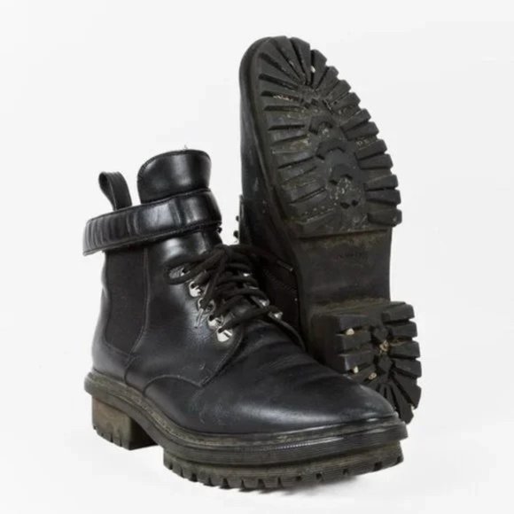 Balenciaga Black Leather Velcro-Ankle-Strap Biker Boots - Picture 4 of 10